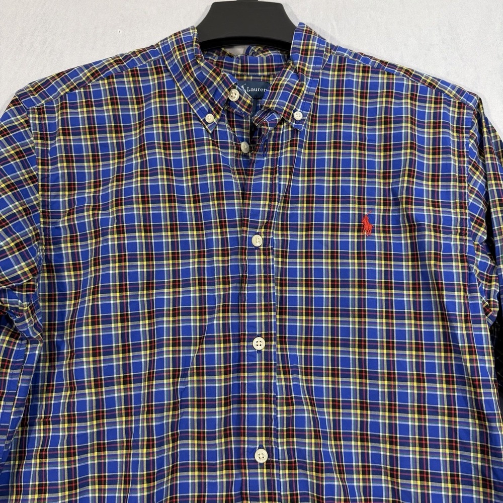 Ralph Lauren Boys Plaid Red Pony Long Sleeve Button Up Blue Check Stripes XL